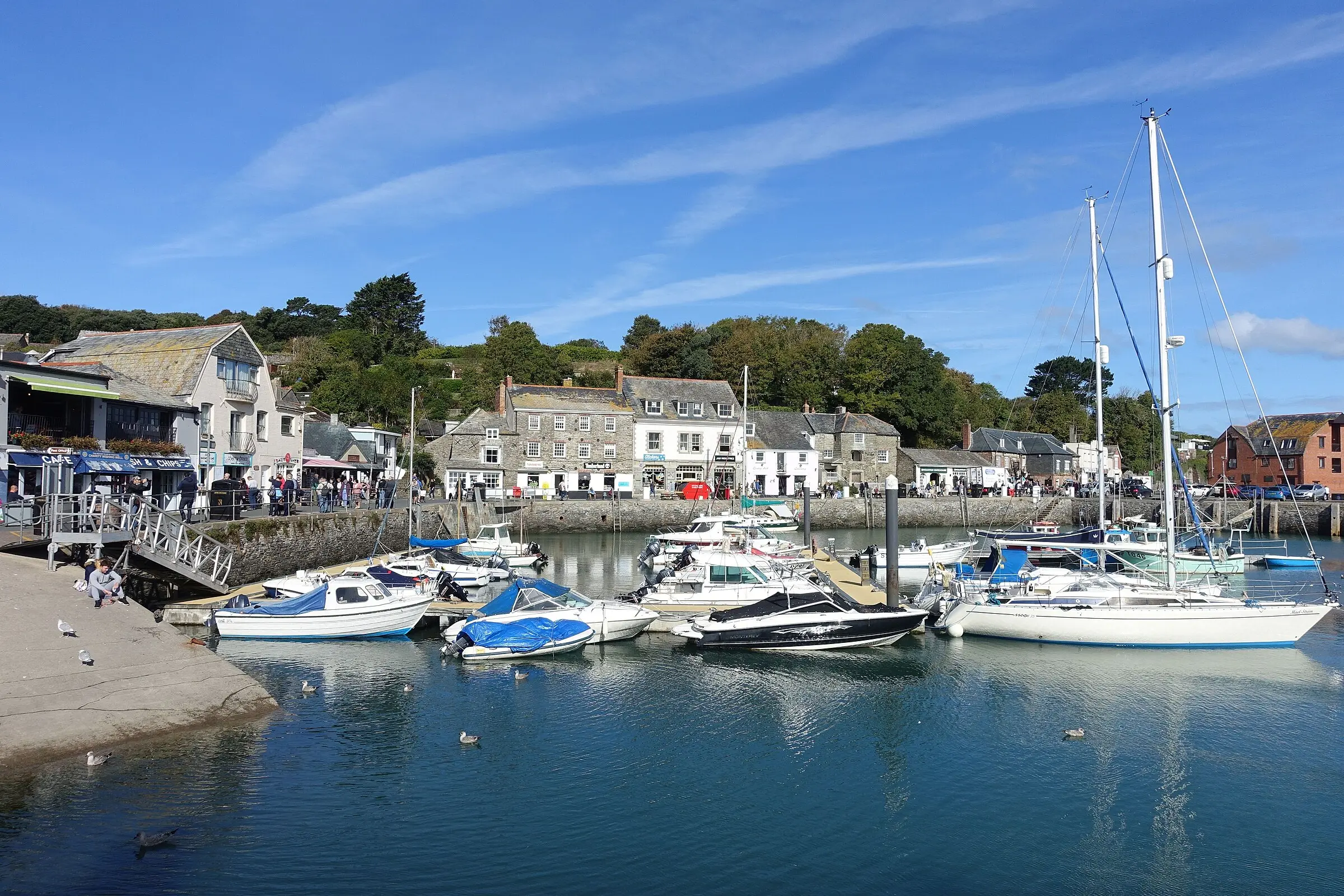 Padstow harbour — fishing boats moored on the Camel estuary, the heart of Cornwall's seafood scene.
