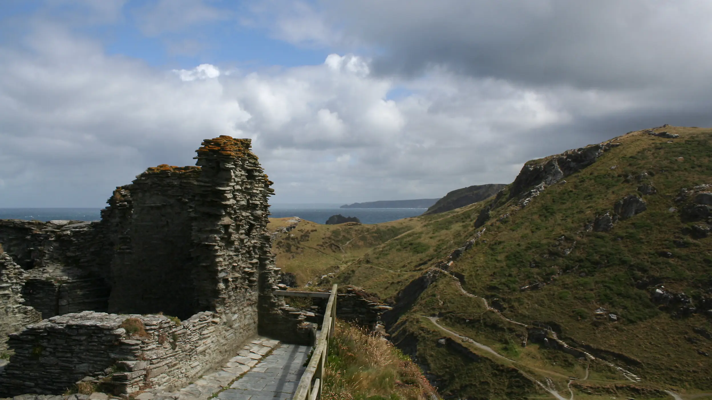 Tintagel Castle ruins on a dramatic headland above the Atlantic.